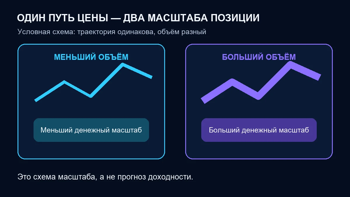 Одинаковая траектория цены даёт разный денежный масштаб при разном объёме позиции