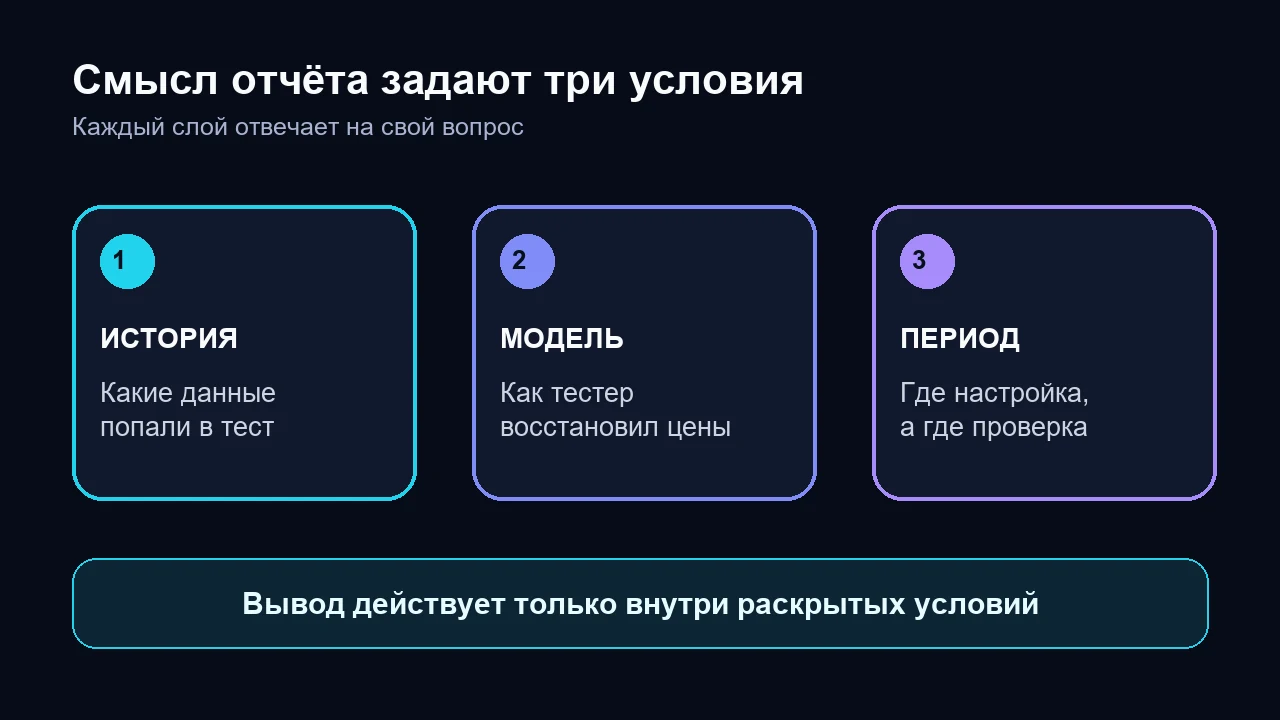 Три слоя, которые задают смысл отчёта теста: история, модель и период проверки