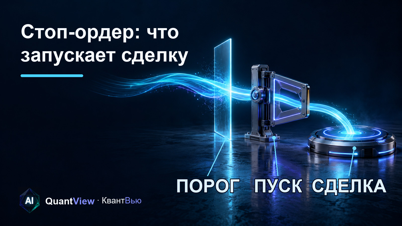 Схема стоп-ордера: ценовой поток пересекает уровень, после чего отдельно показано рыночное исполнение