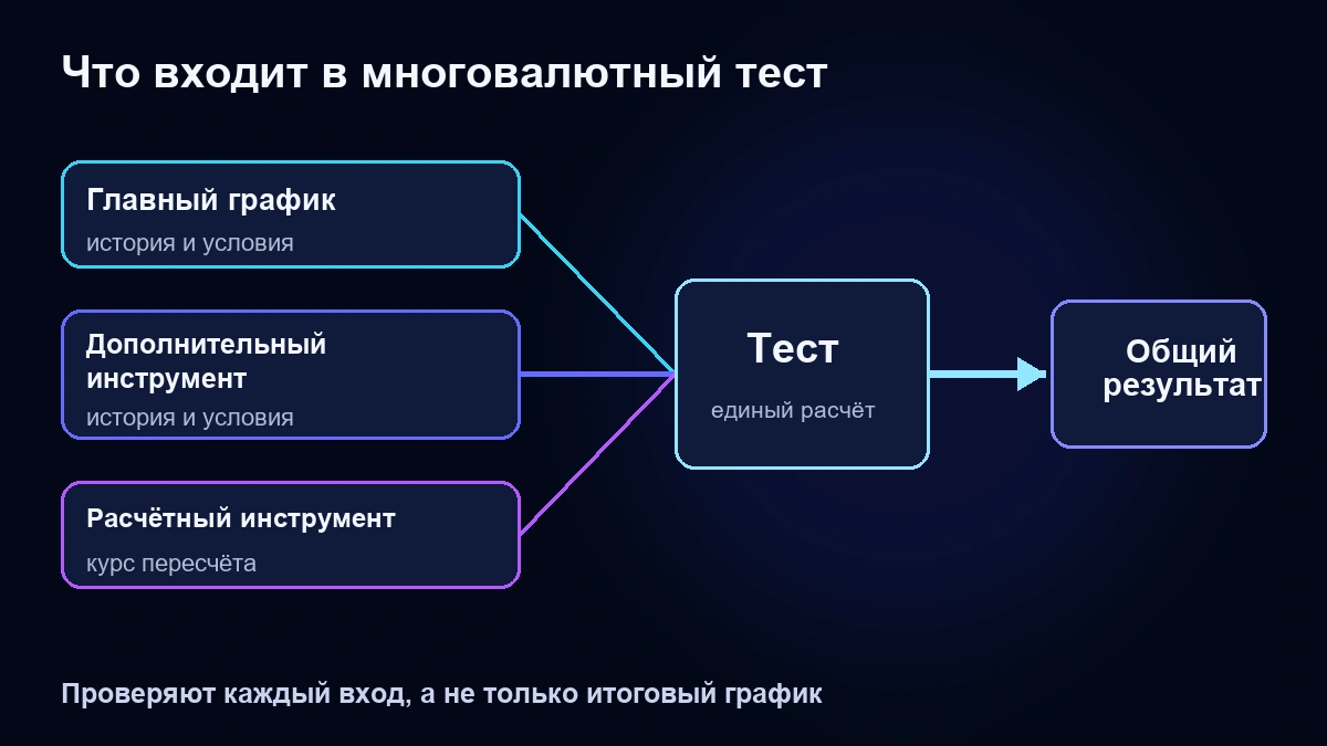 Схема проверки многовалютного теста: главный график и дополнительные инструменты сходятся в общий результат